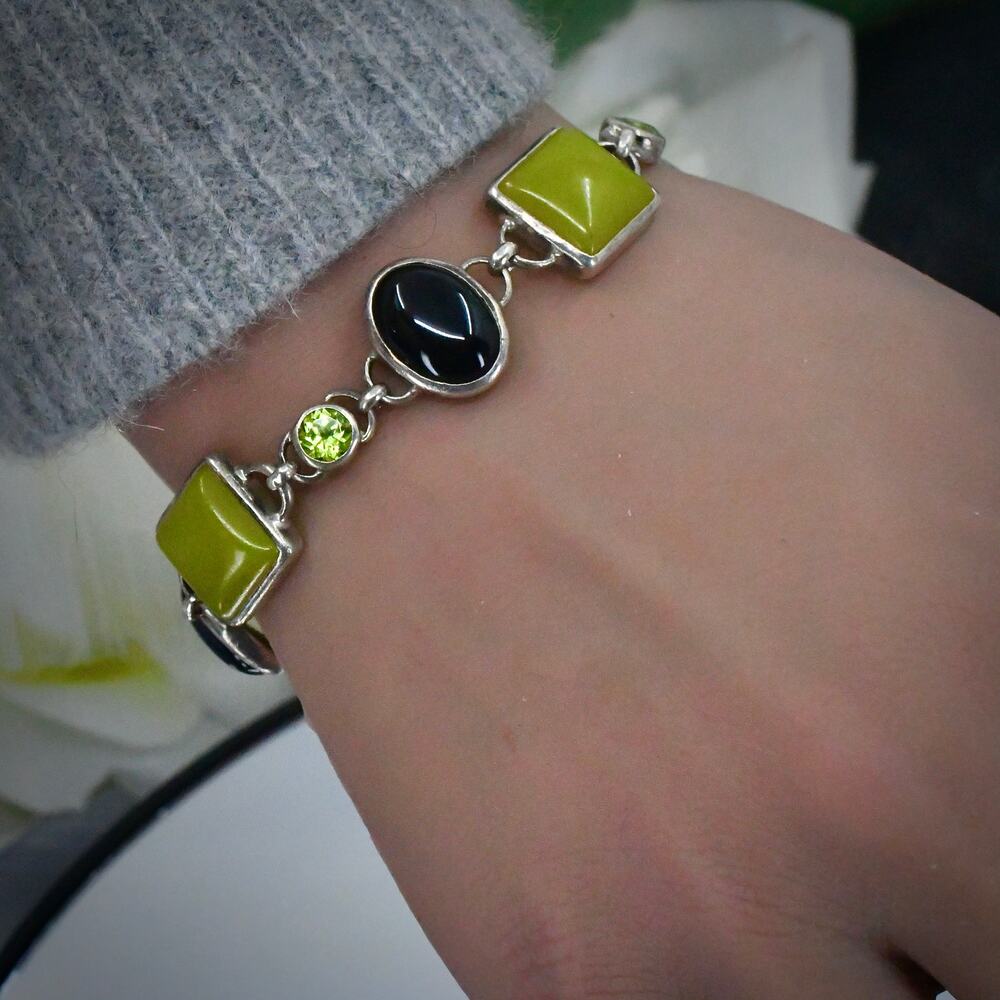 Janice Girardi JGD 925 Sterling Silver Nephrite Peridot Onyx Link Bracelet 23.4g